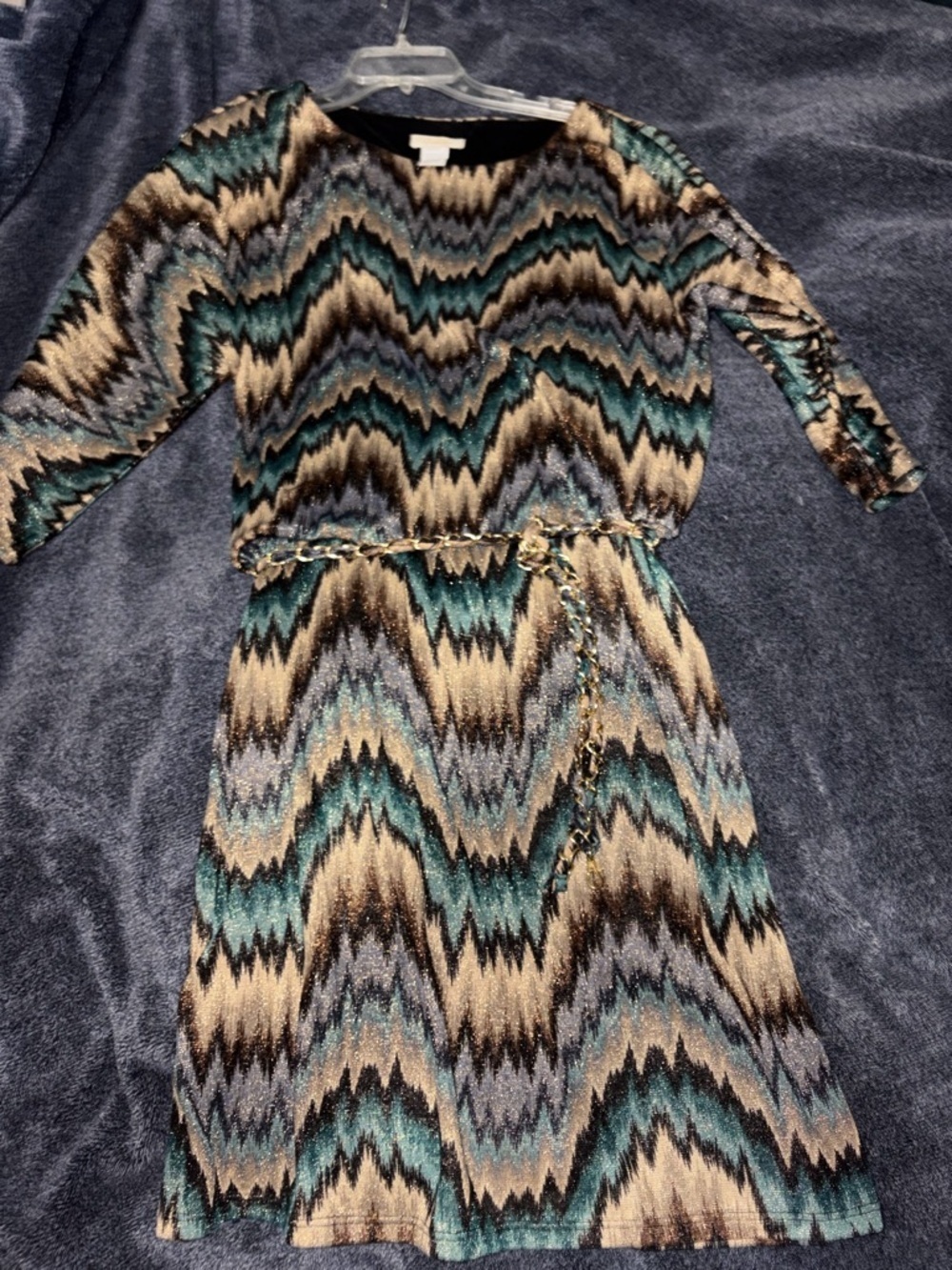 Chevron Knit Midi Dress in Teal, Beige & Black with Gold Chain Belt